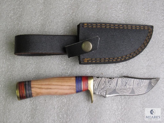 New custom Damascus fixed blade skinner with leather sheath