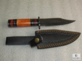New custom Damascus fixed blade skinner with leather sheath
