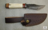 New custom Damascus fixed blade skinner with leather sheath