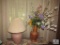 Large Ceramic Table Lamp, Wicker Basket with faux flowers, and Floral Table Runner