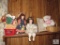 Shelf Lot Porcelain Dolls, Wood Angel Wall Hangers, Picture, Stuffed Bear, & Baskets