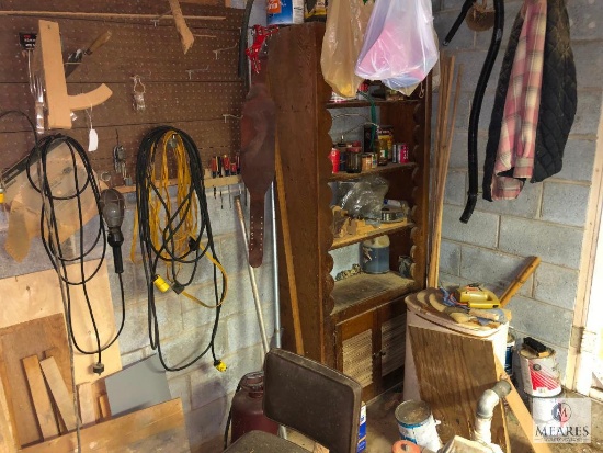 Wall contents of shop Sump Pump, Jig Saw, Paint, Wood, +