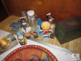 Counter lot - Salt Pepper Shakers, Bird & Snowman figurines, Stove eye covers, Teacup