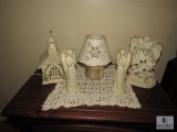 Lot Porcelain Lamps Church and Angel, Ceramic Angel Candlesticks and Candle with Porcelain Shade