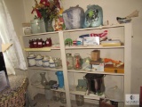 Shelf Lot - Canisters, Decorations, Soup Pot, Sewing Kit, Vases, +