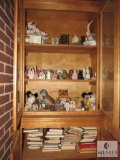 Cabinet lot Ceramic & Porcelain Figurines Decorations, Books, and Magazines