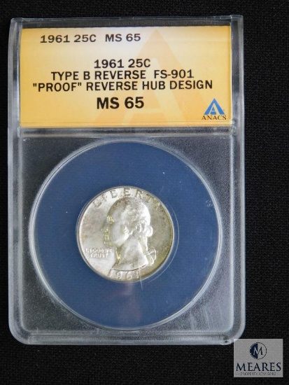 ANACS Graded - 1961 Washington Quarter - Type B Reverse FS-901 - Proof Reverse Hub Design