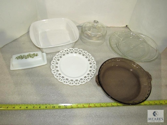 Lot Dishes Relish Tray, Pie Plate, Casserole Dish, Pyrex Butter Dish, Plate, Glass Cover