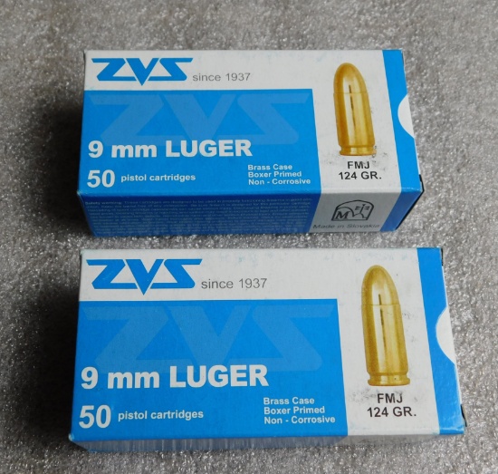 Lot 100 Round  ZVS 9MM Luger FMJ 124 GR. Ammunition