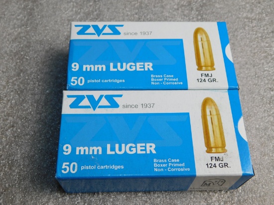 Lot 100 Round  ZVS 9MM Luger FMJ 124 GR. Ammunition