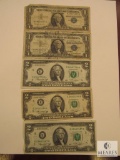 Mixed lot of (3) $2 Notes and (2) $1 Dollar Silver certificates