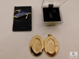 Lot Blue Heron Pin, Locket Charm, and Purple Stone Charm