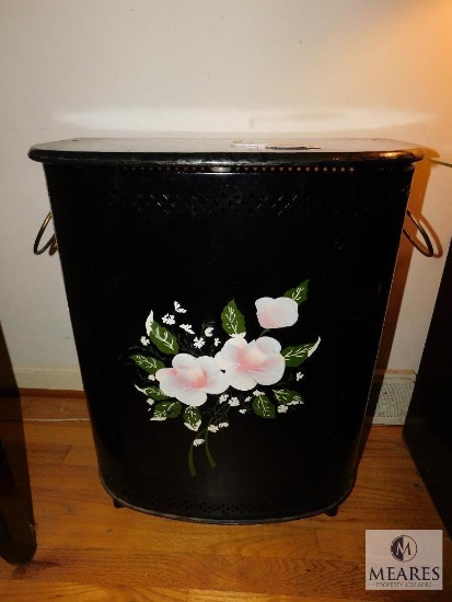 Vintage Metal Hamper Bin Black with hand-painted floral design
