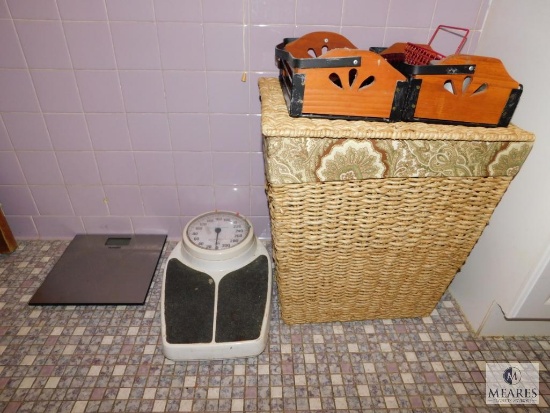 Bathroom Contents: Wicker Hamper, Scales, Wall Decor, First Aid Items +