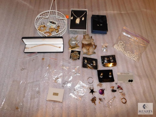 Lot costume Jewelry Some New Brooches, Pins, Earrings & 18k Gold over Sterling Bracelet