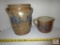 Lot 2 pc Salt Glazed Stoneware Crock and Small Pitcher Brown & Blue