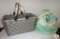 Lot of 2 Storage Bags Totes 1 New Gray woven with Aluminum Frame + 1 Canvas Beach style Bag