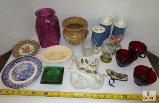 Lot various Glassware Decorations, Vanity Set, Teacups, Vases, Dishes