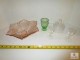 5 pc Lot Vintage Glass; Depression Glass Pink Bowl Green Juice Cup Crystal Butter Cover + 2 Cordial