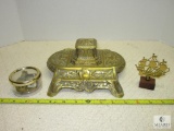 Lot Vintage Brass Inkwell Station + Swiss Music Globe and Small Sailboat Brass & Wood Paperweight