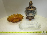 Lot of Vintage Glass Clear Relish Dish, Amber Nut Bowl, and Crackle Glass Potpourri Urn