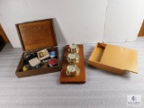 Lot 2 Wood Storage Boxes 1 with various Trinkets & 1 Sunbeam Temp Barometer Gauge