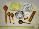 Lot Vintage China Dishes Plates, Bowl, and Condiment Cup + Hand Painted Wooden Spoons +