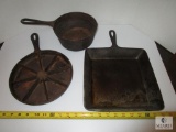 Lot of 3 Cast Iron Vintage Pot, Divided Round Cornbread Pan & Square Skillet