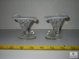 Pair of Fenton Glass Cornucopia Clear Iridescent Milk Blue