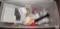Plastic Tote with Assorted Items: Flashlights, Painting Supplies, Sandpaper, ETC