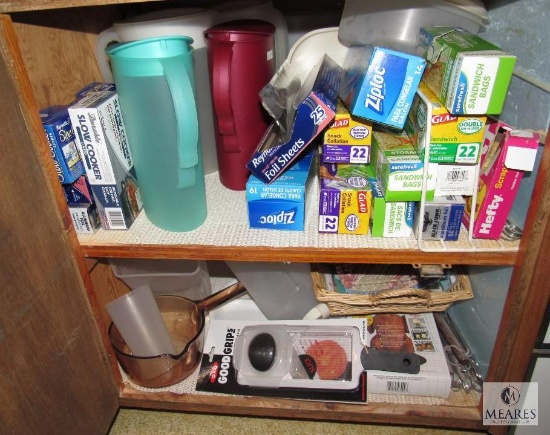 Kitchen Cabinet Contents: Tupperware, Bags, Foil, Pitchers, Ziplock Bags, ETC