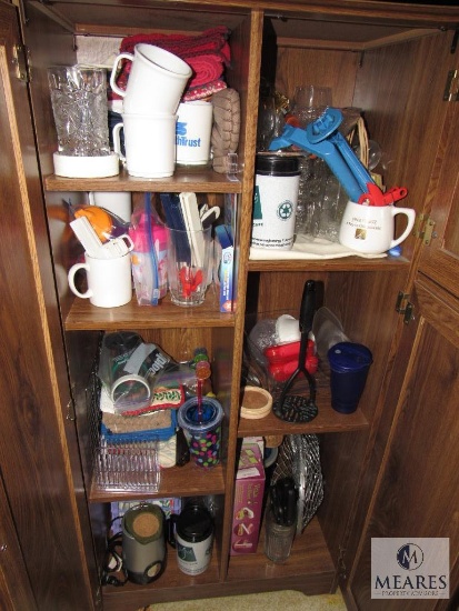 Storage Cabinet Contents: Cooking Scissors, Wine Glasses, Mittens, Hand Towels, Mugs, ETC