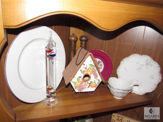 Kitchen Cabinet Contents: Saucer Plates, Bird House, Salt and Pepper Shakers, etx