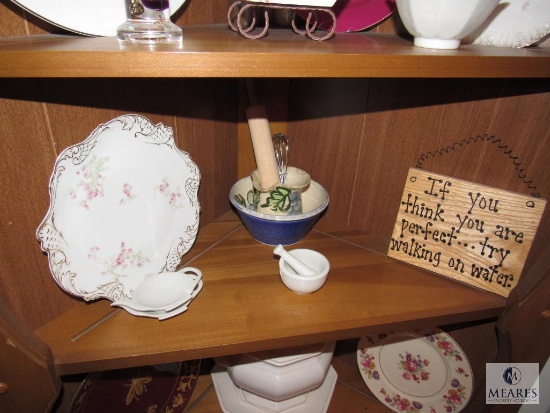 Kitchen Cabinet Contents: Mortar, China, Rolling Pin, Whisk, etx
