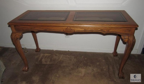 Antique Tiger Oak Glass-Top Table with Lion Paw Feet