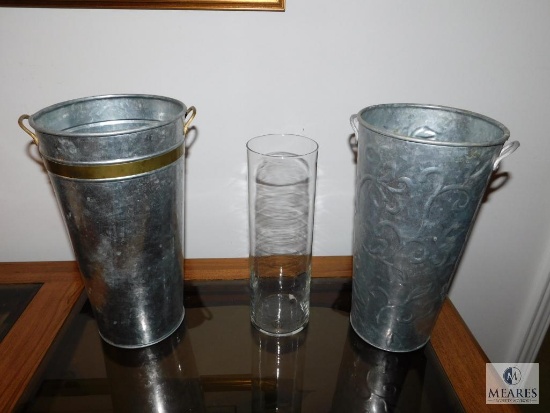 Lot of 2 12? Galvanized French Buckets and 1 Glass Container