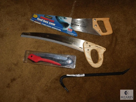 Lot of Assorted Saws, Short Cut Tool Box Saw, Razor-Tooth Saw, And 1 Crowbar, Wrecking Bar