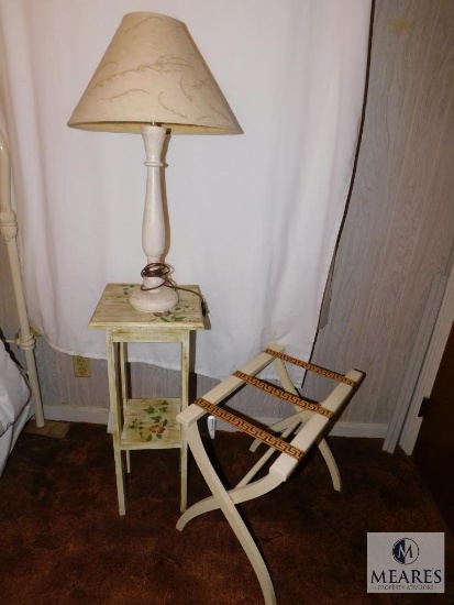 Luggage Rack, Bedside Table, and Lamp