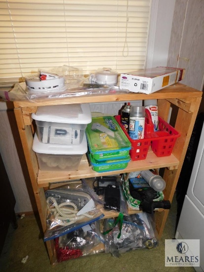 Wooden 4-Tier Shelf with Contents Included: Flashlights, Foam, Cables, SurgeStrips, Fire Alarms,