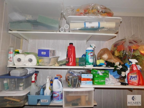 Laundry Room Shelf Contents: Toilet Paper, Paper Towels, Cleaning Supplies, Sponges, Drain-O, Clorox