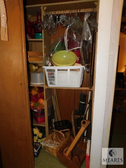 Laundry Room Closet Contents: Grill Tools, Artificial Flowers, Baskets, Surge Strips, Flags,