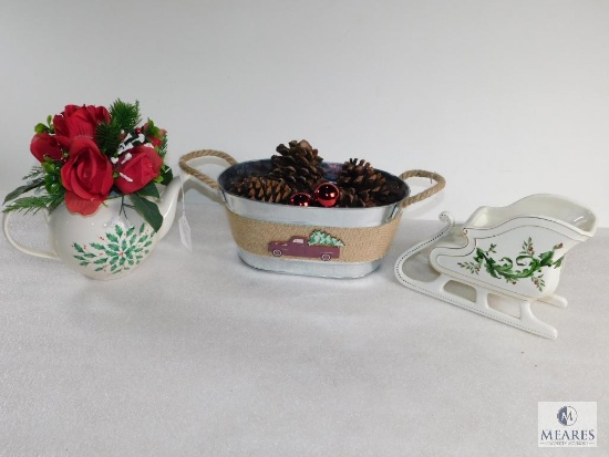 Lot of 2 Ceramic Christmas Items, Sleigh and Lenox Tea Pot Flower Holder, and 1 Metal Tin with