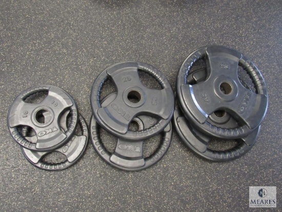 TKO Tri-Grip 160-pound barbell weight set: includes (2) each 10, 25 and 45 lb plates
