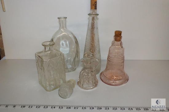 Vintage Liberty Bell Wheaton Pink Glass Bottle with cork, and other Glass Decanters