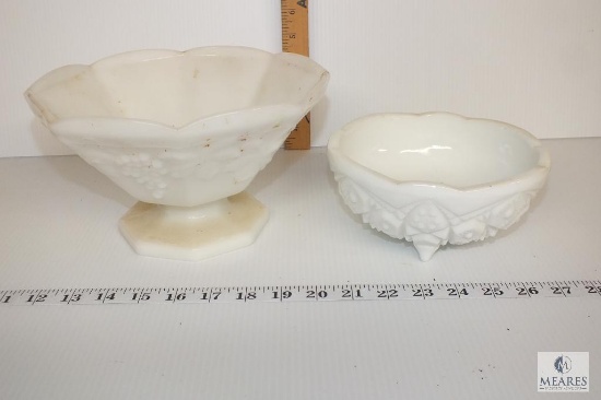 Milk Glass Pedestal Harvest Grapes Candy Dish and Possible Old Quilt Pattern Candy Dish