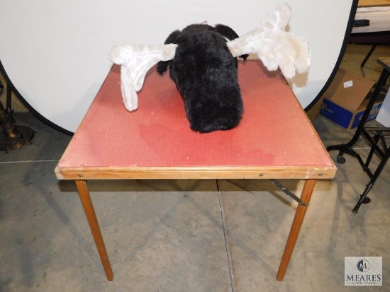 Vintage Wood folding Card Table & Stuffed Moose Head Toy