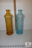 Vintage Prussian Blue and Amber Italian Tall Glass Decanters Embossed with Grape, Apple & Pear