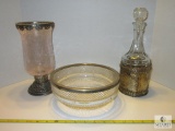 Lot Glass Decanter w/ Hammered Silver like Holder, Silver plated Rimmed Cut Glass Bowl + Pink Vase