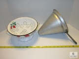 Lot Vintage Enamel & Strawberry Print Colander and Beacon Ware Cone Chinois Strainer