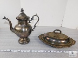 Lot of 2 Silver Plated Pieces, Teapot & Decorative Covered Tray Dish